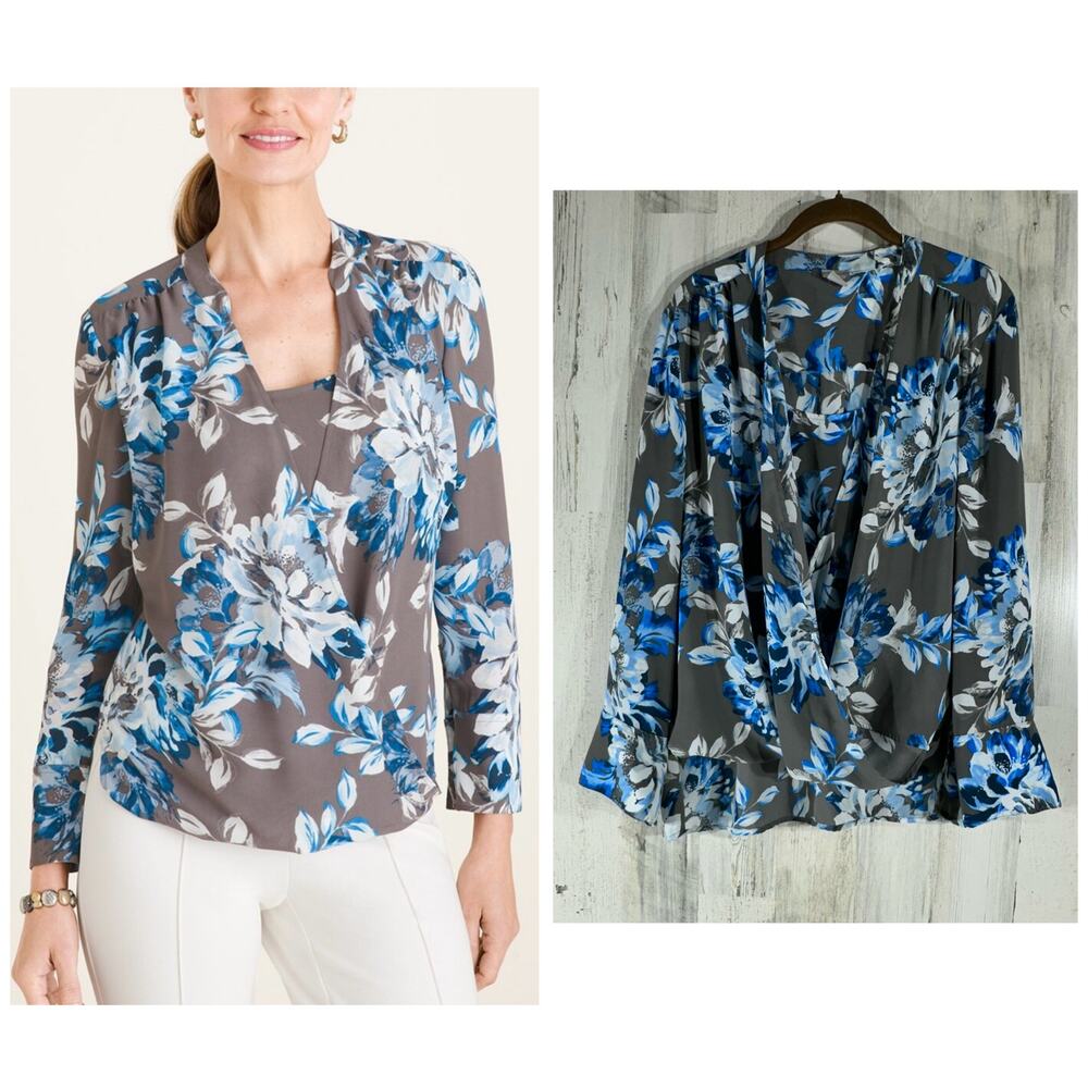 Chicos Surplice Top Blouse Size 3 or XL‎ Blue Gray Floral Faux Tank Hi Low Hem